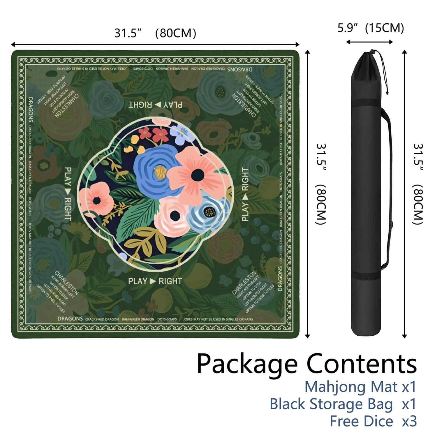 Floral Mahjong Mat with Rules, 31.5*31.5in Anti Slip American Mahjong Mat for Table, Noise Reduction, Neoprene Mah jongg Mats with Carrying Bag & 3 Dices, Mahjong Supplies Gift, Board Tile Games Mats