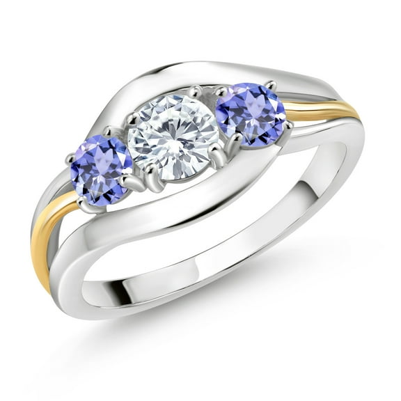 Gem Stone King 925 Sterling Silver and 10K Yellow Gold Round White Moissanite and Blue Tanzanite 3 Stone Ring for Women (1.10 Cttw, Size 7)