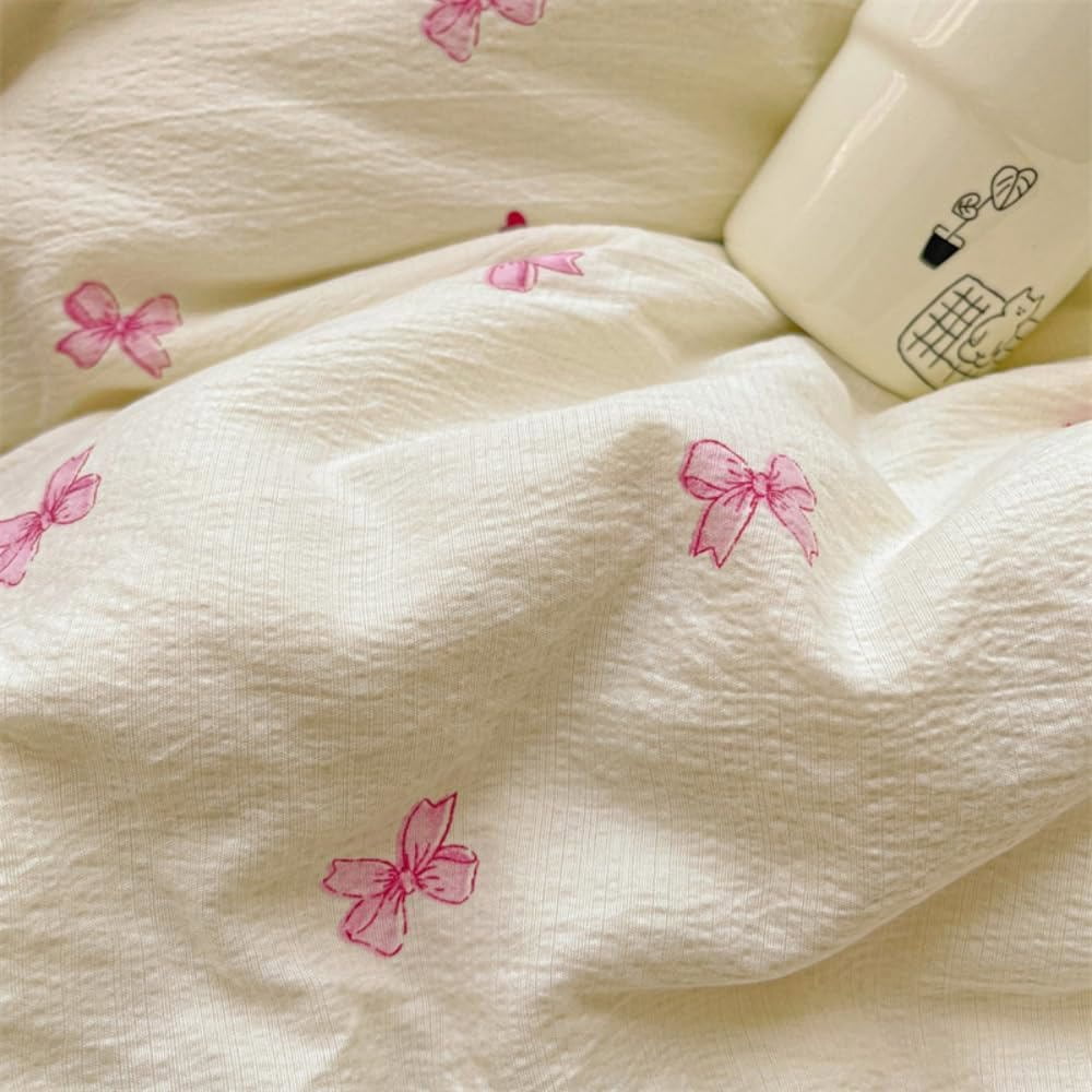 3 Pieces Bow Jacquard Duvet Cover Cartoon Pink Bowknot Pattern Comforter Cover Soft Breathable Cute Coquette Bedding,Full Size