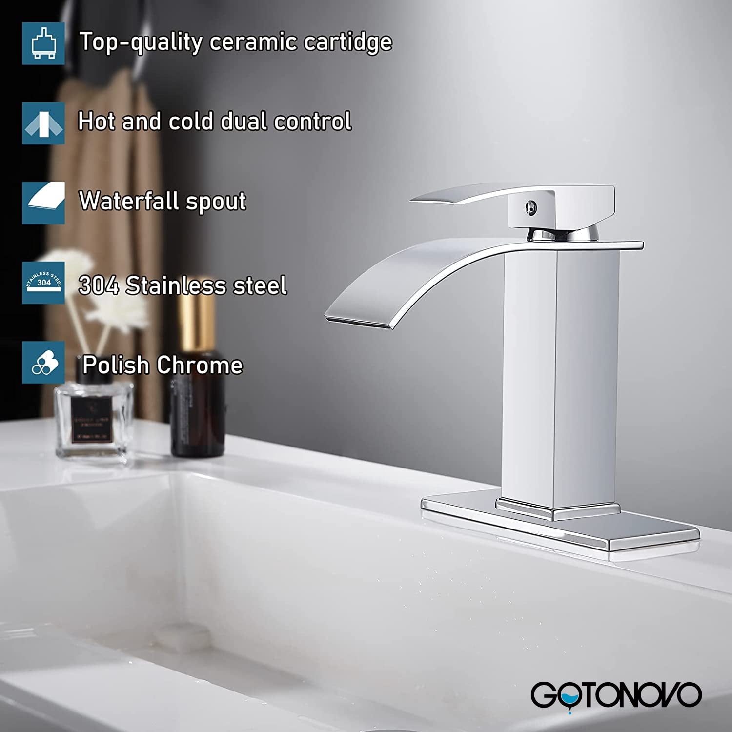 gotonovo Waterfall Spout Bathroom Sink Faucet Polish Chrome Single Handle 1 Hole Deck Mount Basin Mixer Tap with Deck Plate Lavatory Vanity Sink Faucet Solid Brass Include Pop Up Drain with Overflow