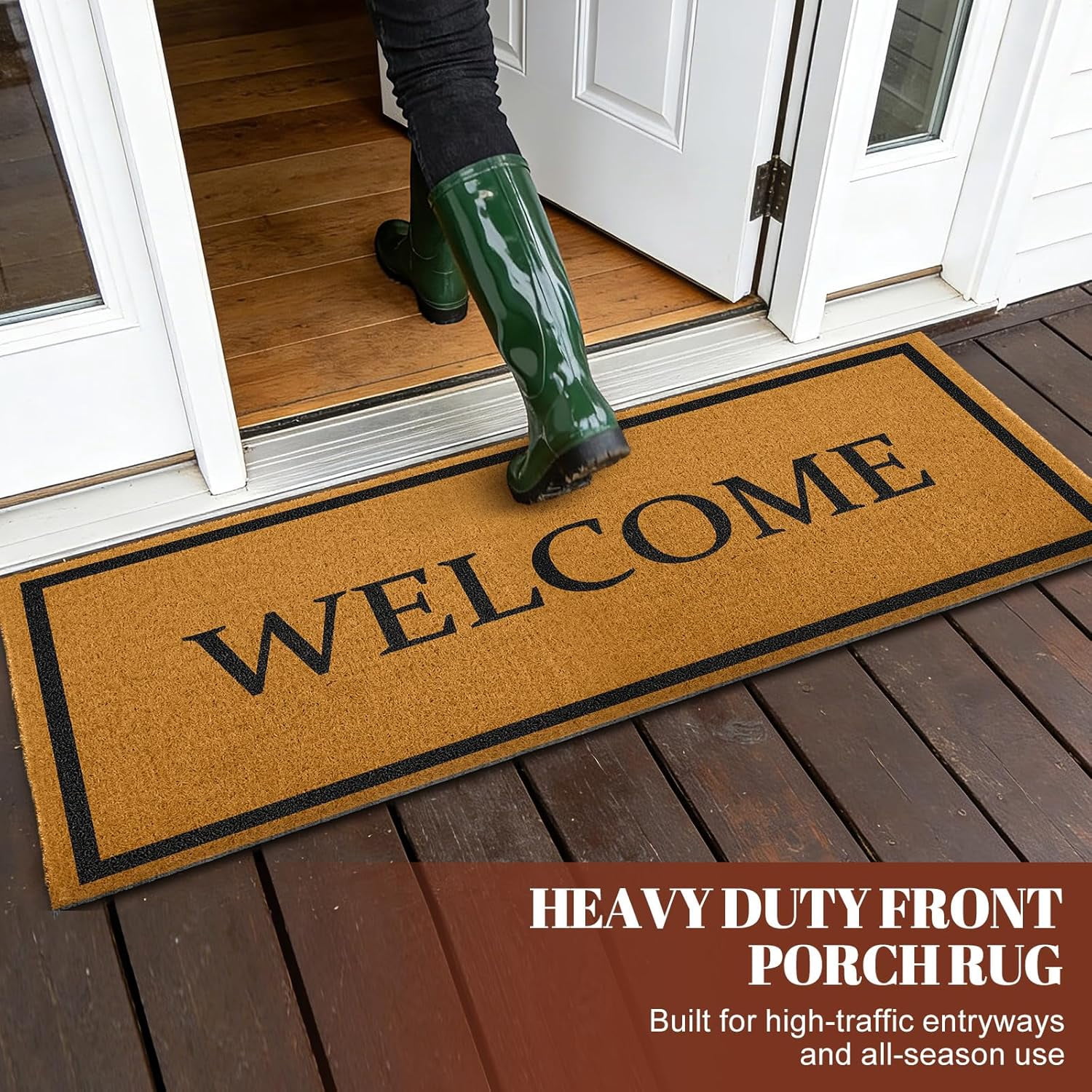 Welcome Long Doormat for Double Door Entrance, 24x59 Inch Heavy Duty Front Porch Rug with Non Slip PVC Backing, Extra Large Decorative Oversized Welcome Mat for Indoor Outdoor Entryway