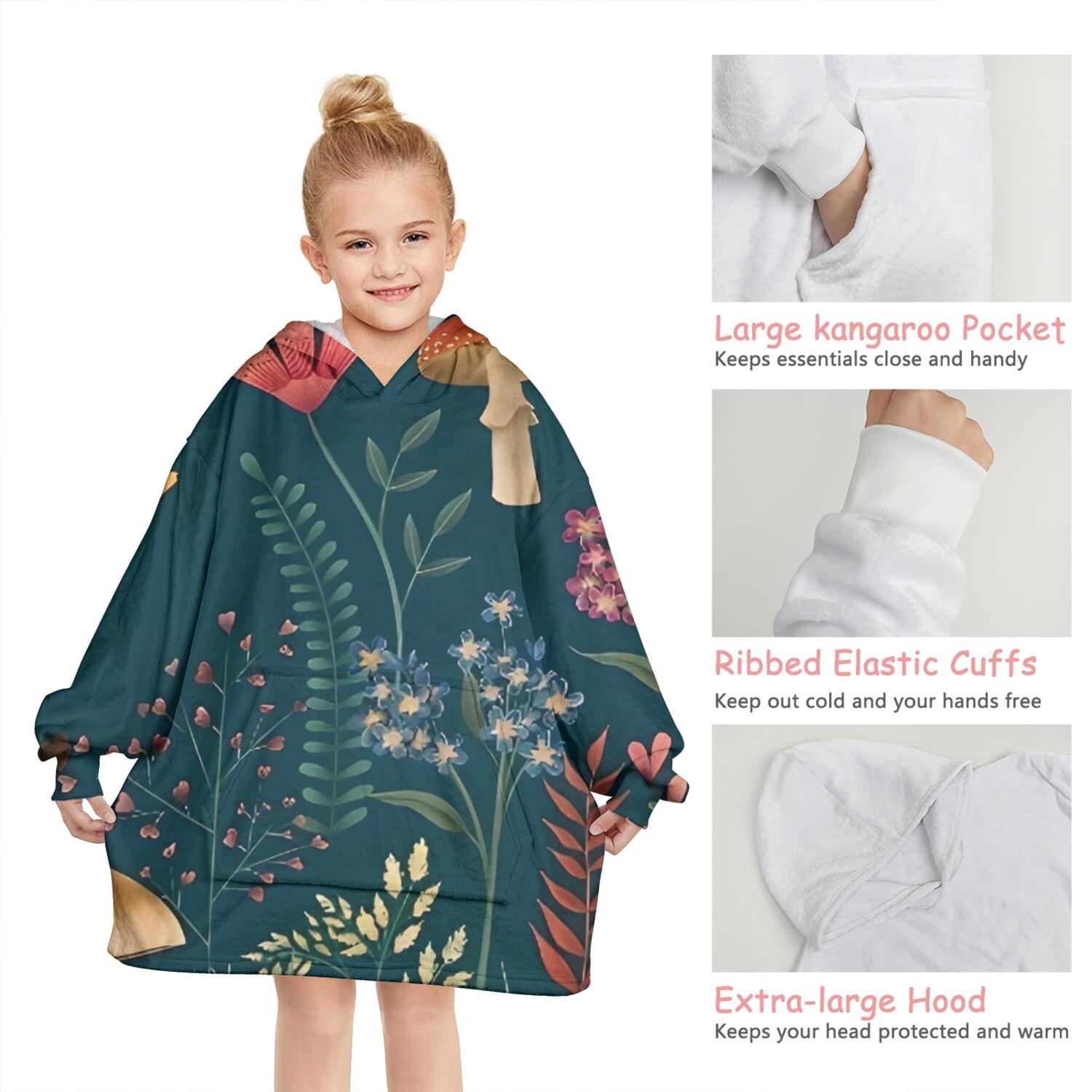 Colorful Mushroom Flower Dark Green Pattern Blanket Hoodies for Kids 6-13YR Oversize Wearable Blanket Hoodies for Boys Girls Teens