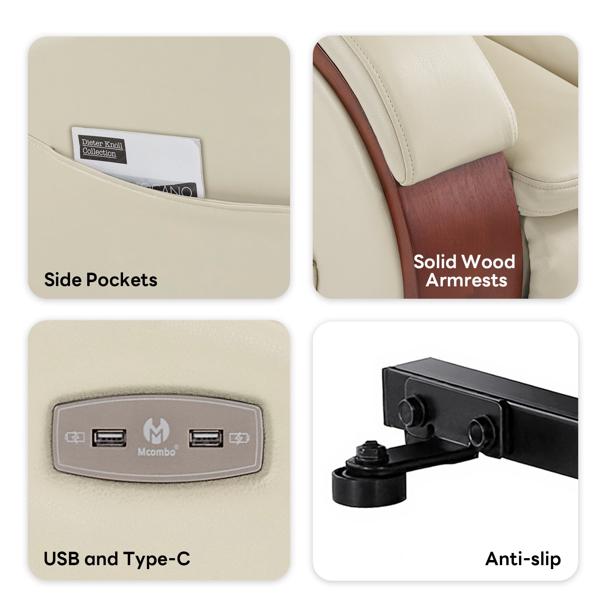 MCombo Power Lift Recliner Chair with Massage and Heat, Adjustable Headrest for Elderly, Solid Wood Armrest, Faux Leather, Cream White
