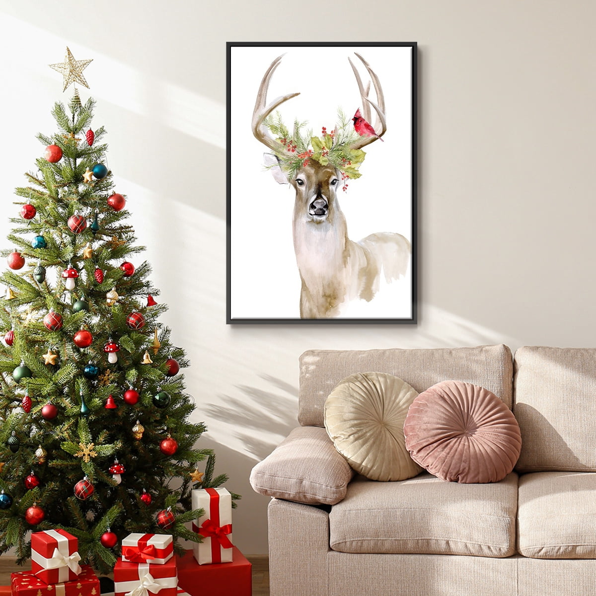 Holiday Deer I - Framed Gallery Wrapped Holiday Canvas - 17 x 25 - Black Frame