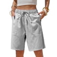 thumbnail image 3 of Womens Striped Bermuda Shorts Casual Cotton Linen Shorts Elastic Drawstring Summer Beach Vacation Shorts with Pockets, L, 3 of 8