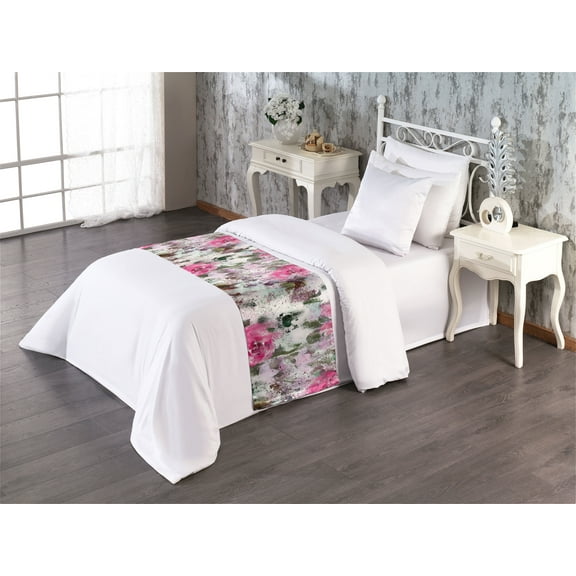 Grunge Floral Bed Runner, Abstract Composition of Flowers Vintage with Pastel Colors Print, Decorative Accent Bedding Scarf for Hotels Homes & Guest Rooms, Twin, Hot Pink Pale Pink Teal, by Ambesonne