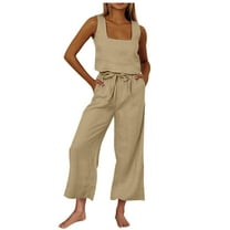 qolati Women's 2 Piece Outfits Summer Lounge Sets Cotton Linen Sleeveless Square Neck Linen Tank Crop Top Wide Leg Pants Matching Sets
