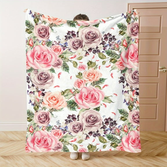 Warm Pink Roses Print Blanket Watercolor Style Blooming Pink Roses In The Garden Print Blanket Blanket Great Holiday Gifts for Classmates Friends Family LoversTravel Cars Office Home Decor