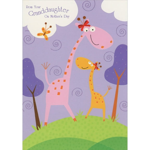 Designer Greetings Cute Pink and Orange Giraffes Wearing Red Bows and Sparkling Swirls Juvenile Grandma Mother's Day Card from Young Granddaughter