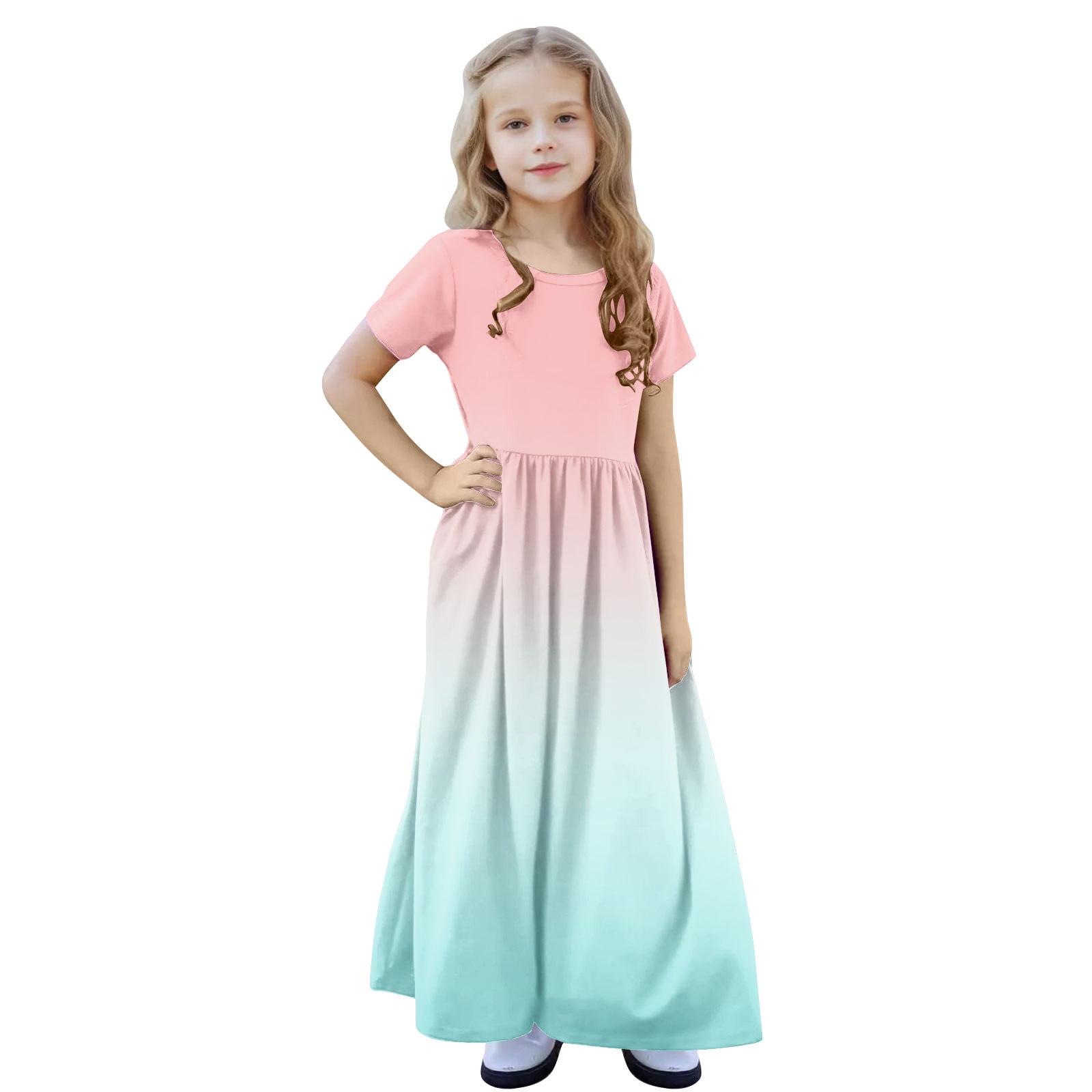 Short Sleeve Dresses for Girls with Pockets 4-14Y Teens Kids Trendy Crew Neck High Waisted Gradient Printed Beach A-Line Maxi Dress
