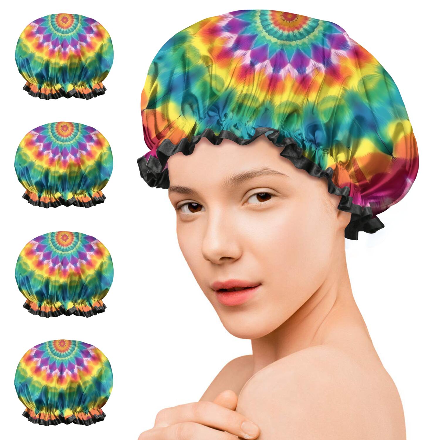 Shower Caps,Rainbow Tie Dye Mandala Pattern Waterproof Shower Cap for Women 4 Pieces,Double Reusable Hair Cover for Shower PEVA Elastic Stretch Hem