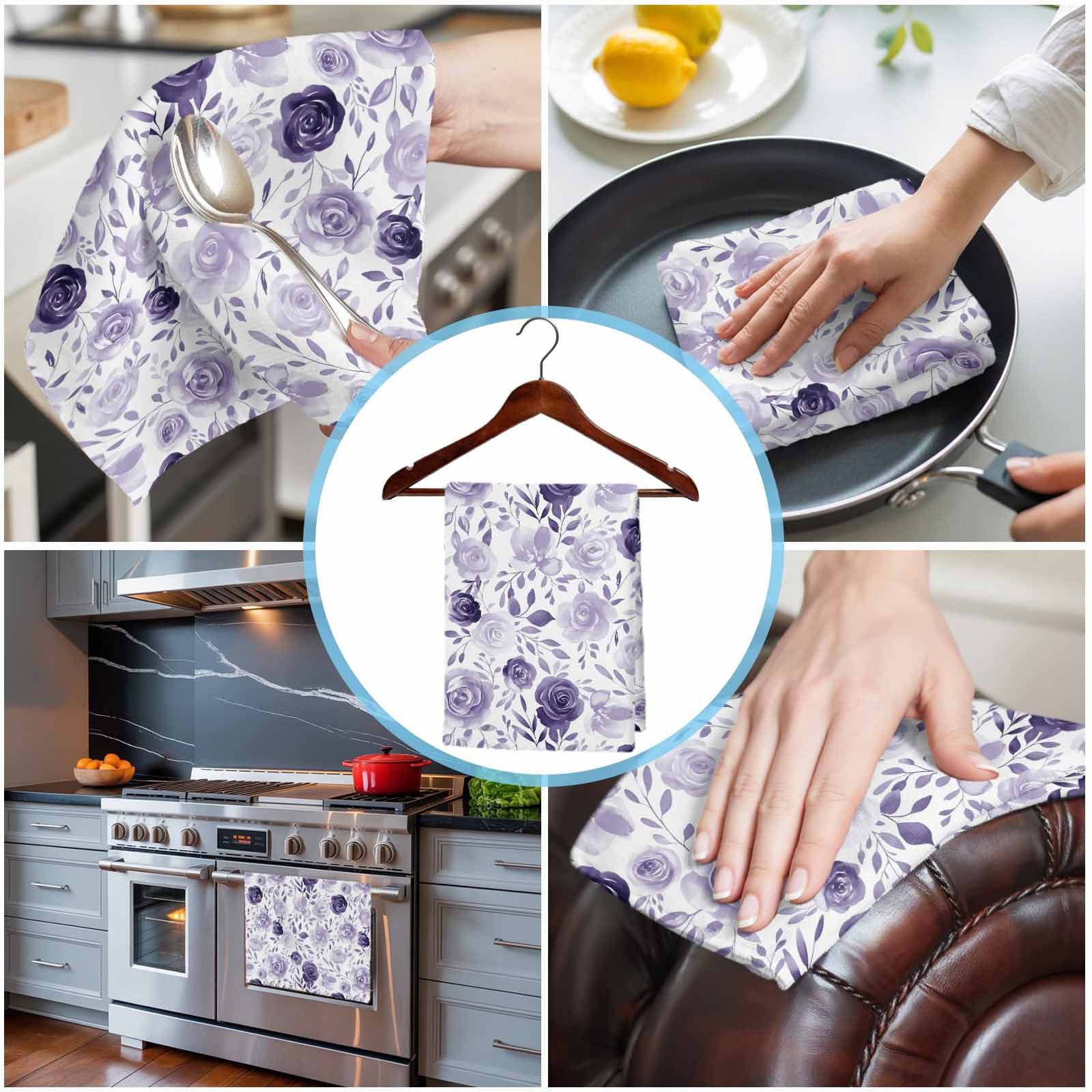 Purple Flowers Kitchen Towels Set of 3, Water Absorbent Dish Towel, Watercolor Farmhouse Botanical Floral Leaf Decorative Hand Towels - Quick Drying Cloth for Cooking Baking, 18x28 Inch