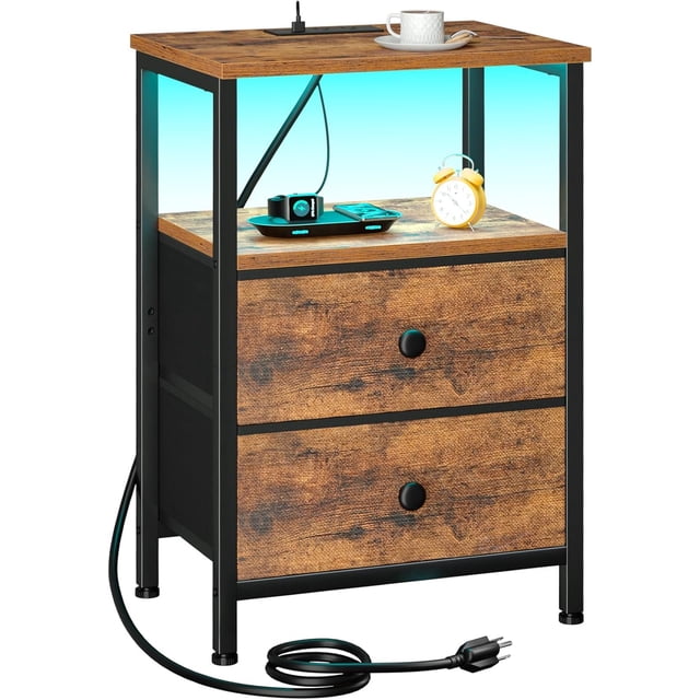 Nightstand with Charging Station, End Table with 2 Fabric Drawers, LED Night Stand for Bedroom, Small Bed Side Table with USB Ports and Outlets for Living Room, Brown, HETS02BR-1