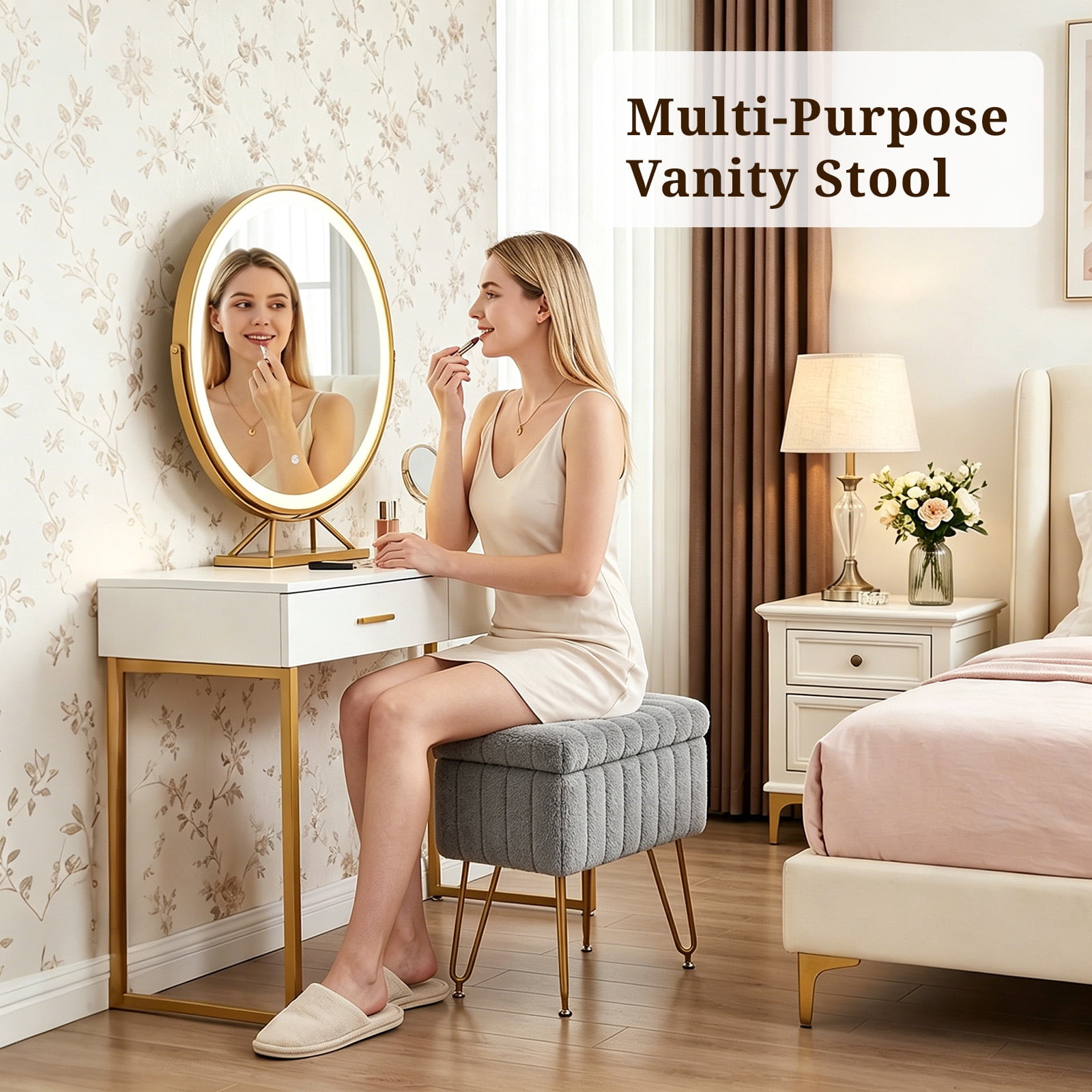 Casabay Vanity Stool Chair with Storage, Faux Fur Footstool Ottoman with Metal Legs & Anti-Slip Adjustable Feet for Bedroom, Entryway
