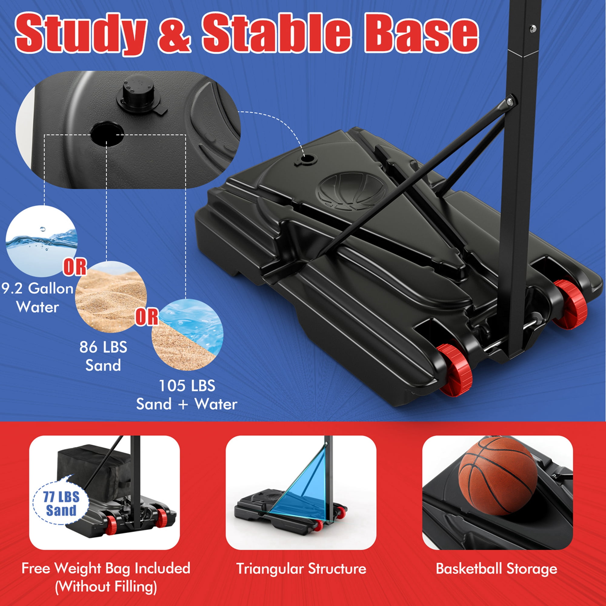 Costway 5ft-10ft Adjustable Height 32''x23'' Shatterproof Outdoor Portable Basketball System (Kids)
