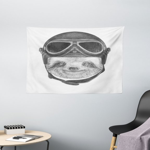 Sloth Tapestry, Hand Drawn Portrait of a Sloth with Vintage Helmet Airman Biker Animal in Urban Life, Wall Hanging for Bedroom Living Room Dorm Decor, 60W X 40L Inches, Grey Black, by Ambesonne