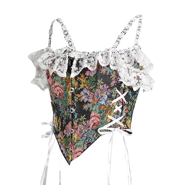 Camisola moldeadora de cintura con encaje y lazo sin espalda con estampado de flores para mujer, top de poliéster