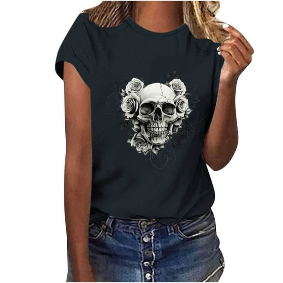 Otvok Women'S T Shirts Short Sleeve Tees Skeleton Graphic Loose Casual O-Neck Blouse Summer Spring Tops
