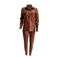 thumbnail image 3 of Womens Parkas Leather Two Piece Lapel Pocket Long Sleeve Jacket Top And Pencil Pants Set Parkas Coat, 3 of 6
