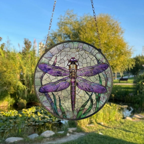 Purple Dragonfly Painted Stained Glass Suncatcher, Window Hanging Decor, Outdoor Sun Catcher Decor, Dragonfly Wall Décor
