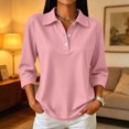 thumbnail image 5 of 3/4 Sleeve Solid Polo Shirts for Women Button Collar Lightweight Dressy Golf Blouses Watermelon Red 3XL, 5 of 9