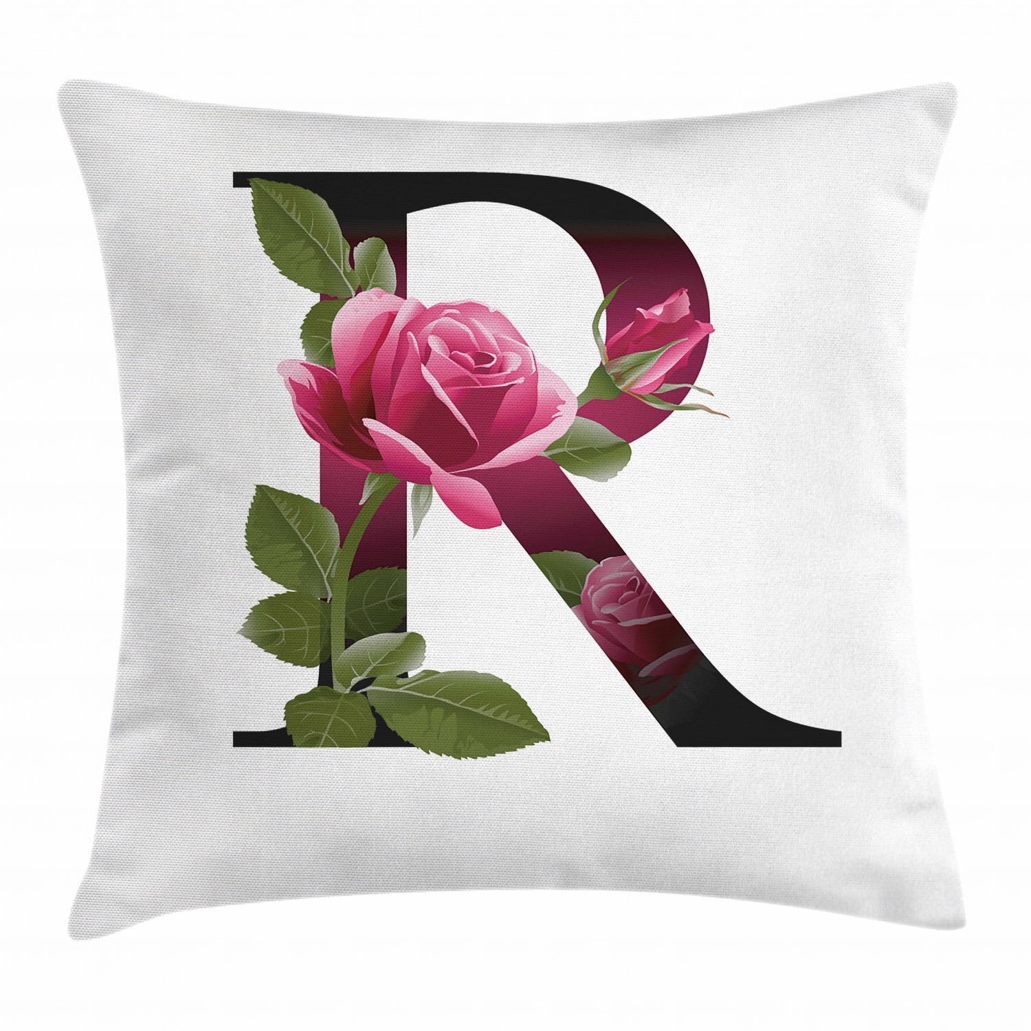 Letter R Throw Pillow Cushion Cover, Capitalized R Symbol with Flower of Love Rose Nature