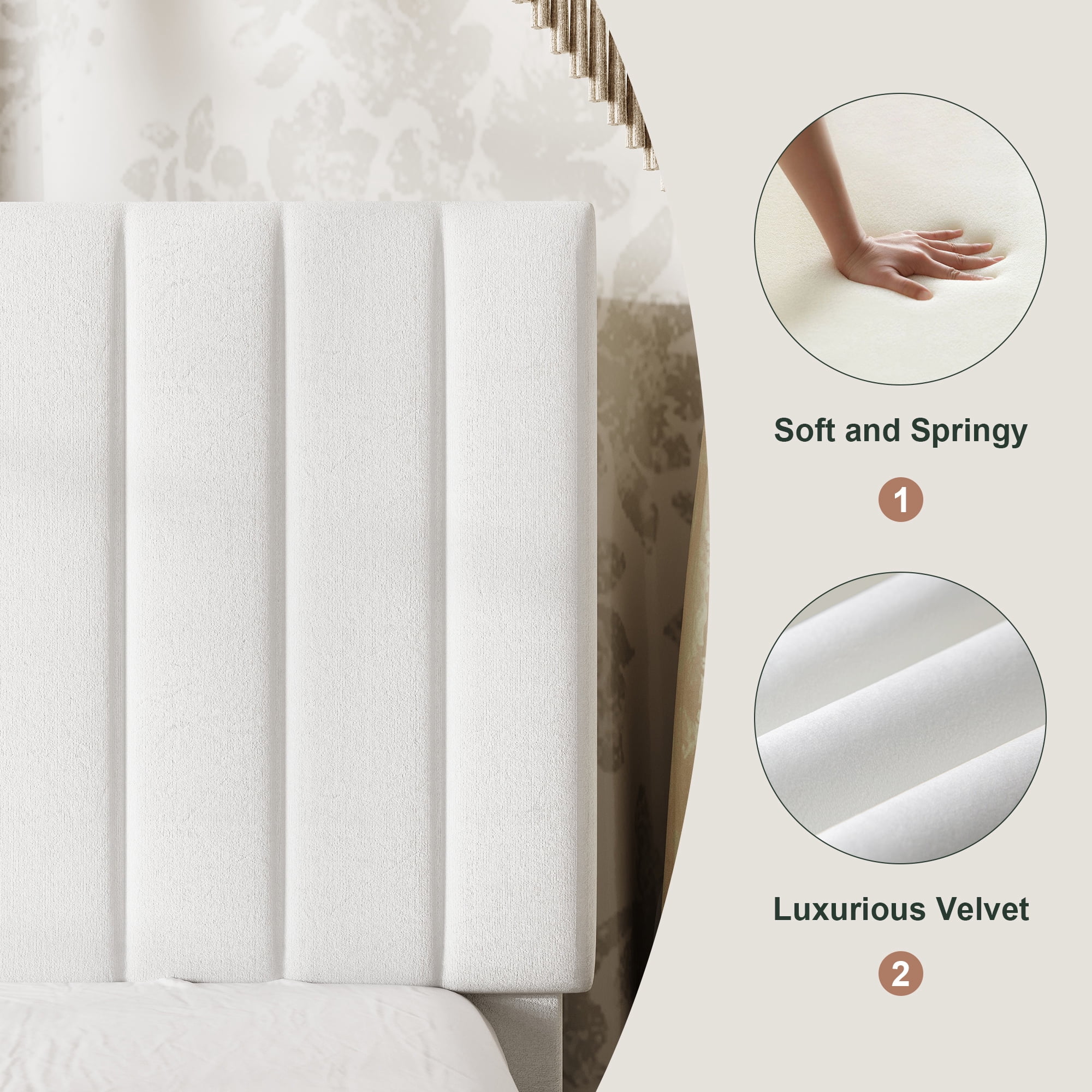 Amolife Queen Bed Frame, Platform Bed with Adjustable Velvet-Wrapped Headboard and 4 Storage Drawers, No Box Spring Required, White