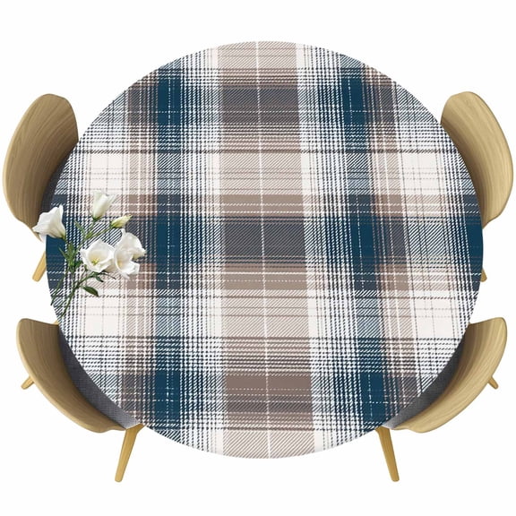 Blue Brown Plaid Round Tablecloth, Fitted Table Cover with Elastic for 45"-54" Round Tables, Modern Abstract Striped Gingham Checked Table Cloth Outdoor Indoor Dinning Party Waterproof Tablecloths