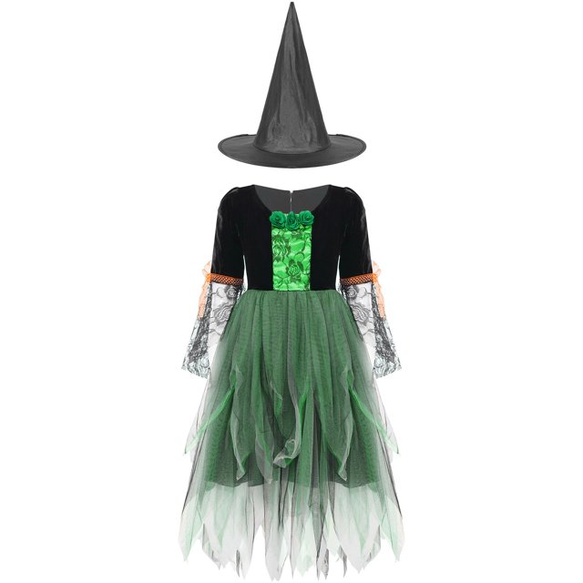 Kids Girls Halloween Witch Sorceress Cosplay Costume Velvet Tulle Dress with Pointed Hat for Masquerade Carnival Theme Party130 Gong Bohan LED