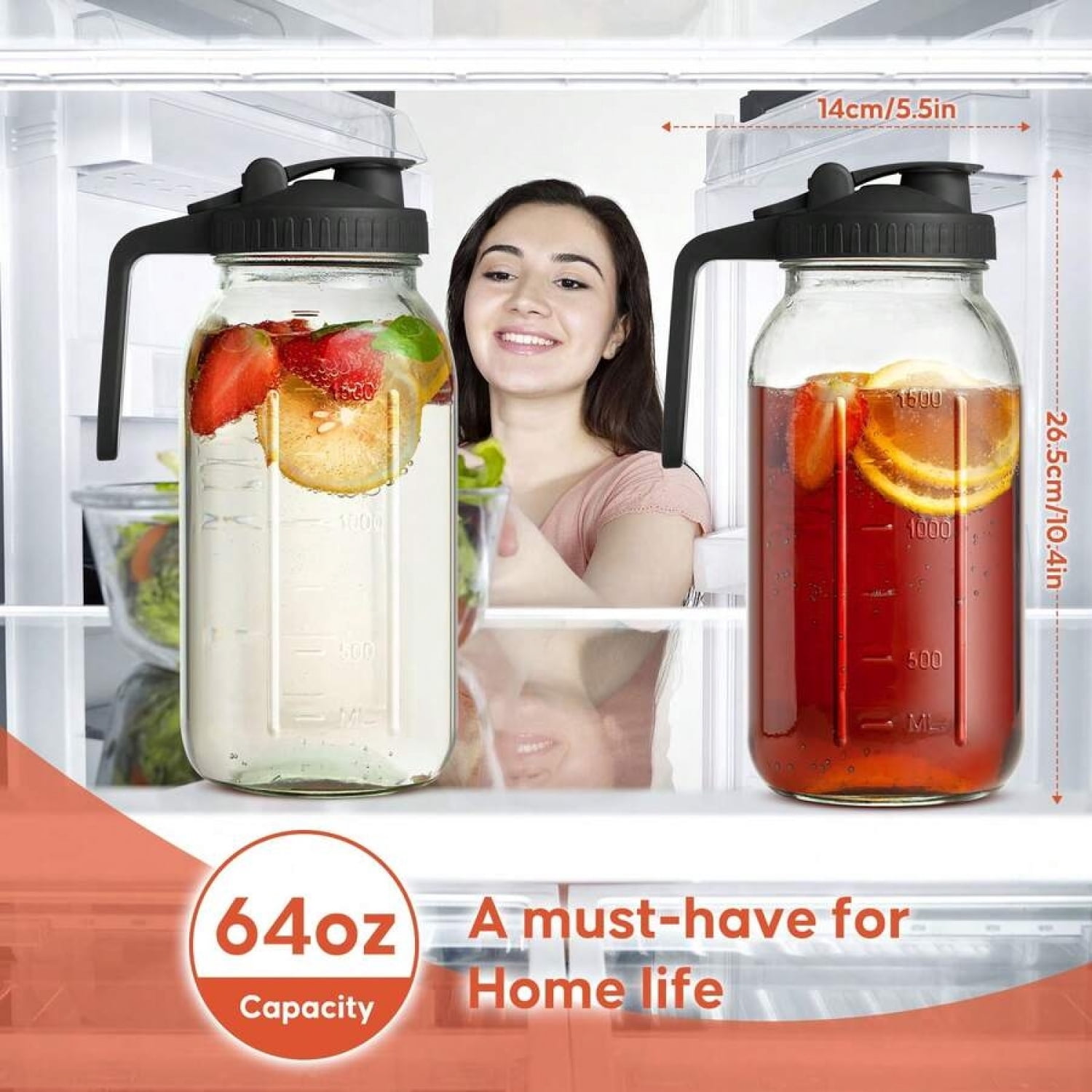 NTGFU 2-Piece Mason Jar Pitcher, 64OZ Breast Milk Pitcher Double Leak Proof with Pour Spout Handle, Wide Mouth Iced Tea Pitcher for Fridge, Creamer Container for Coffee, Sun Tea Juice