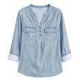 thumbnail image 7 of Kadlawus Long Sleeve Loose V Neck Denim Button Down Shirt Women Fall Casual Basic Pullover Tops Soft Stretchy Comfort Commute Travel Home Daily Wear, Light Blue 2XL, 7 of 7