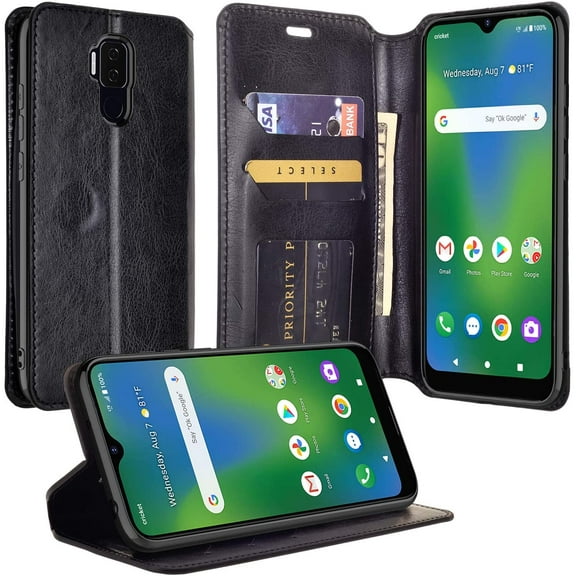 Cricket Influence Case /AT&T Maestro Plus Case [Kickstand] Leather Wallet Phone Case Cover ID & Credit Card Slot for Girls Women - Black