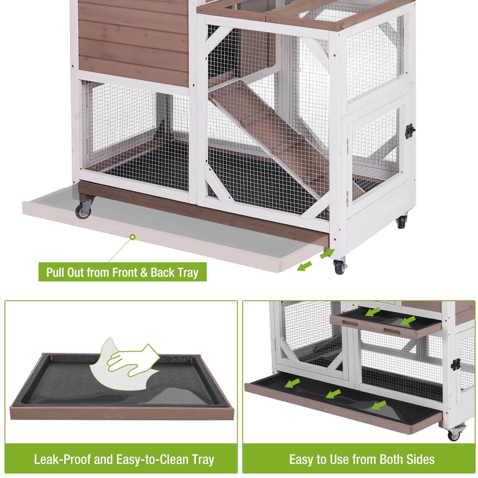 MEDEHOO 2-Story Rabbit Hutch with Chew-Proof Ramp & Pull-Out Trays - Indoor/Outdoor 39.3" Wooden Rabbit Cage on Wheels for Rabbits, Guinea Pigs