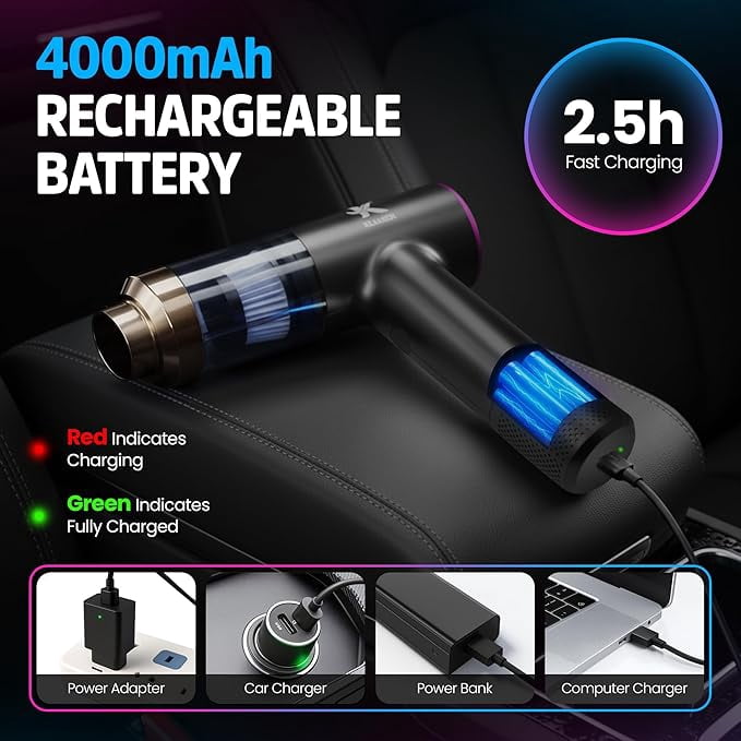 Handheld Vacuum Cleaner Cordless Dual Suction 7.5K & 12K Pa with Blower, Inflator & Deflator, Portable Cleaning Tool for Home, Office, Kitchen & Car, Black