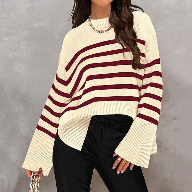 VgaVtl Chandails Surdimensionnés à Manches Longues pour Femmes en Coton, Chandail à Enfiler pour Dames, Chandails Tricotés Rouges à Rayures, Chandails Décontractés