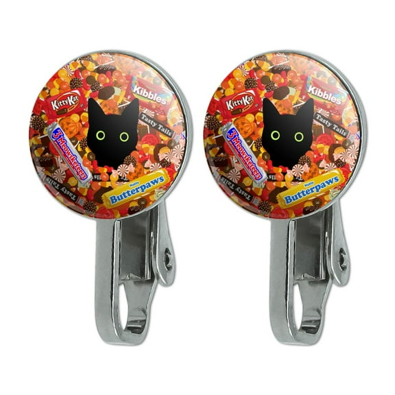 Halloween Black Cat Hiding in Candy Novelty Clip-On Stud Earrings
