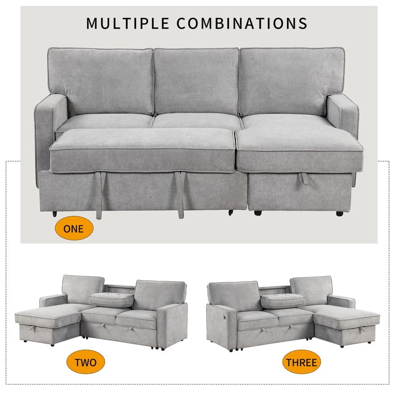 Convertible Sleeper Sofa Bed, L-Shaped Sectional Sofa Pull Out Couch with Storage Chaise & USB Ports, 89'' Sofa Couch with Cup Holder for Living Room Apartment
