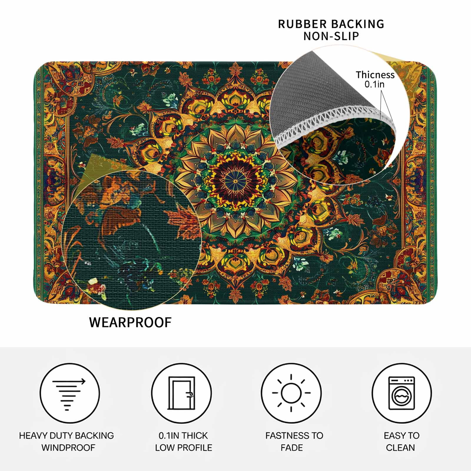 Bohemian Flower Doormat Outdoor Entrance 18"x30", Colorful Yellow Boho Rustic Tribal Absorb Moisture Dirt Door Mats, Non-Slip Rubber Backing Floor Mats Indoor, Low-Profile Front Door Rugs