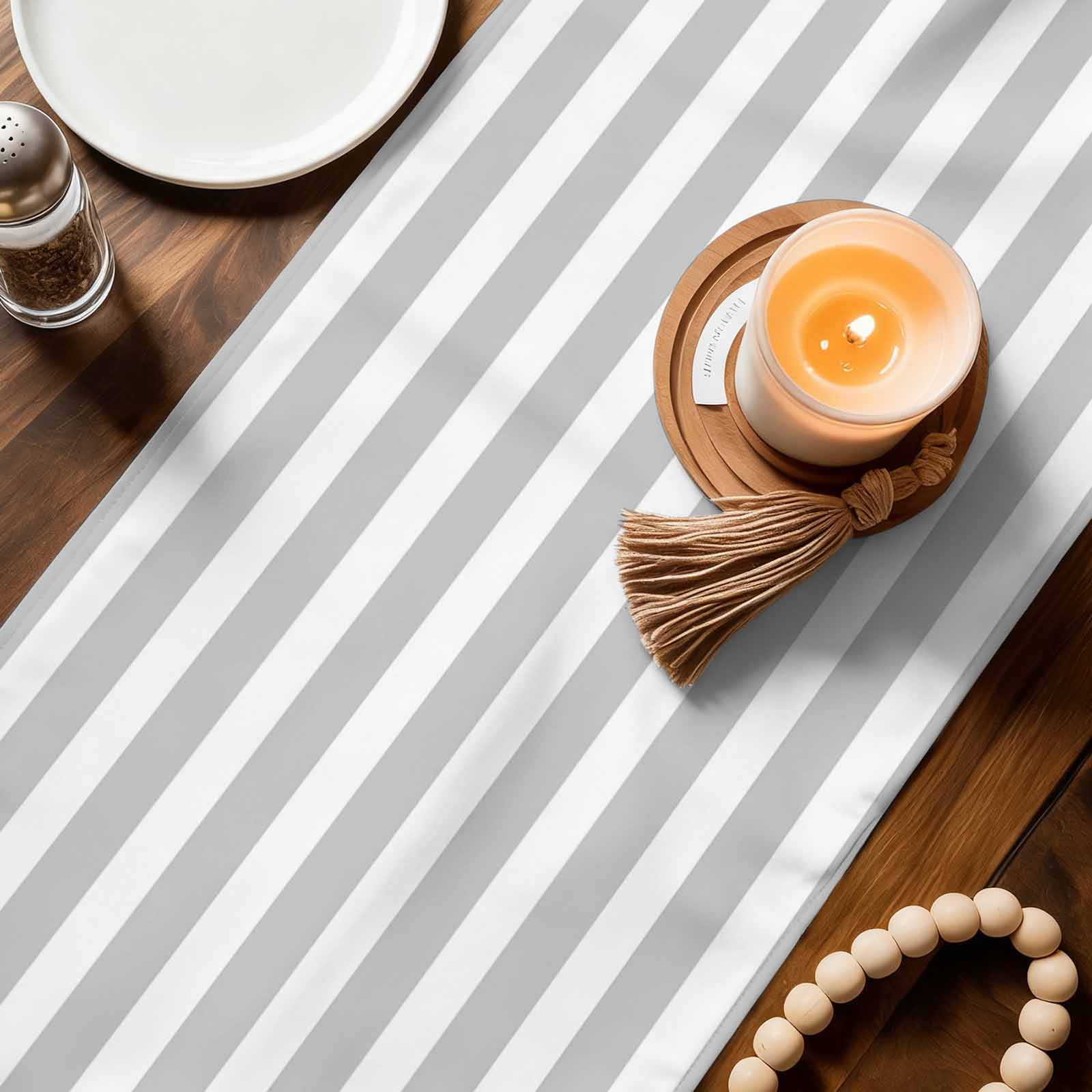 Grey Striped Table Runner, Modern Farmhouse Gray White Stripes Washable Cotton Linen Table Runners 72 Inches Long, Dresser Scarf Runner for Dining/Coffee/Kitchen/TV Stands/Cabinets 13''x72''