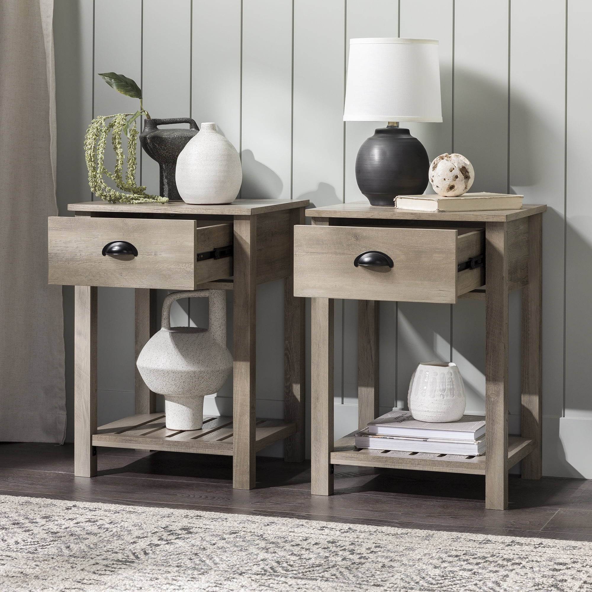Walker Edison Modern Farmhouse 1 Drawer End Table, Set of 2, Grey Wash Walker Edison Modern Farmhouse 1 Drawer End Table, Set of 2, Grey Wash