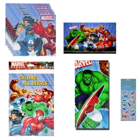 Marvel Heroes Avengers Birthday Party Supplies Bundle Pack includes 16 Party Paper Napkins 2-Ply 5", 8 Party Invitations with Envelopes, 1 Plastic Table Cover, 1 Dinosaur Sticker Sheet
