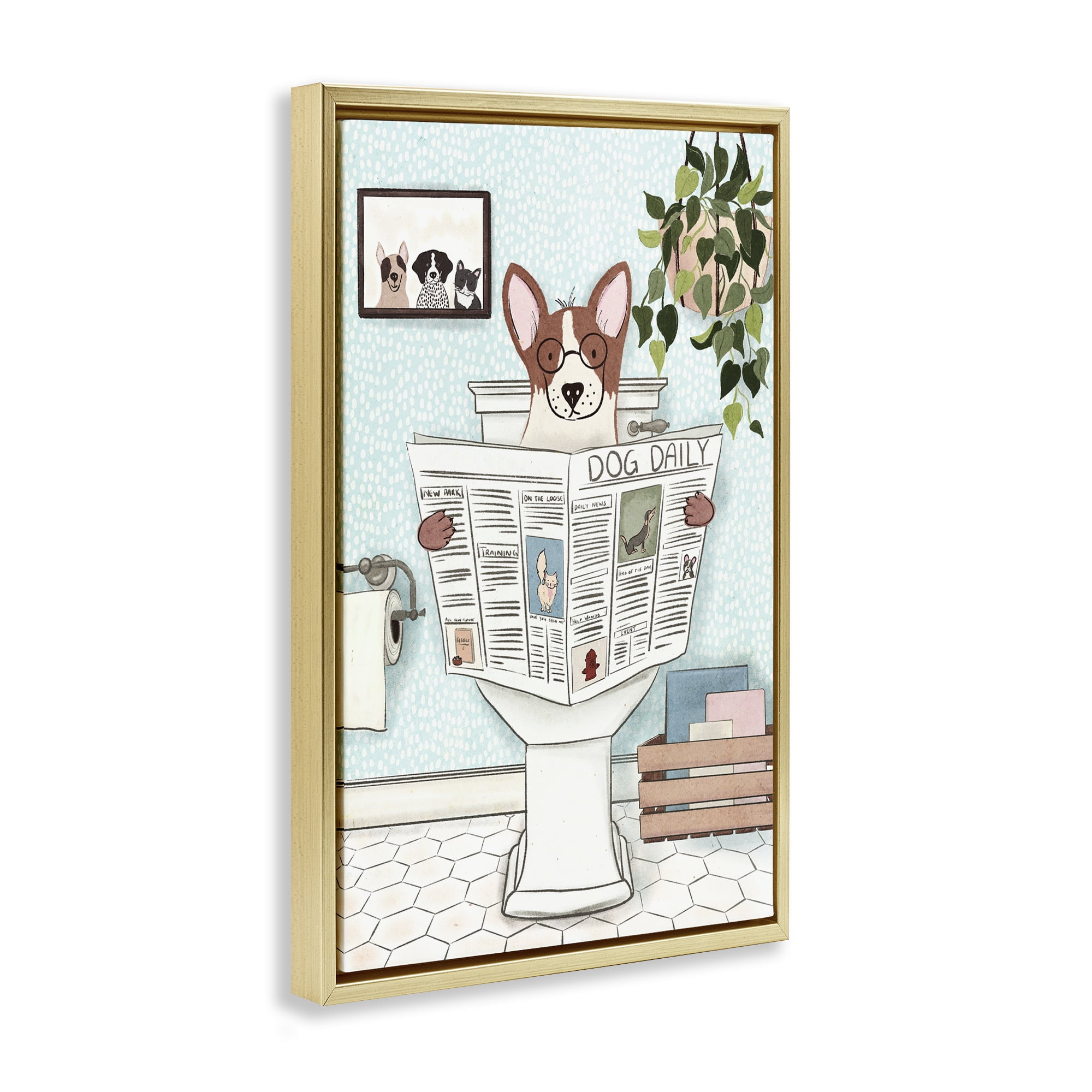 Stupell Industries Dog & Newspaper Bathroom Bath & Laundry Painting Gold Floater Framed Canvas Art Print Wall Art, 21 x 31