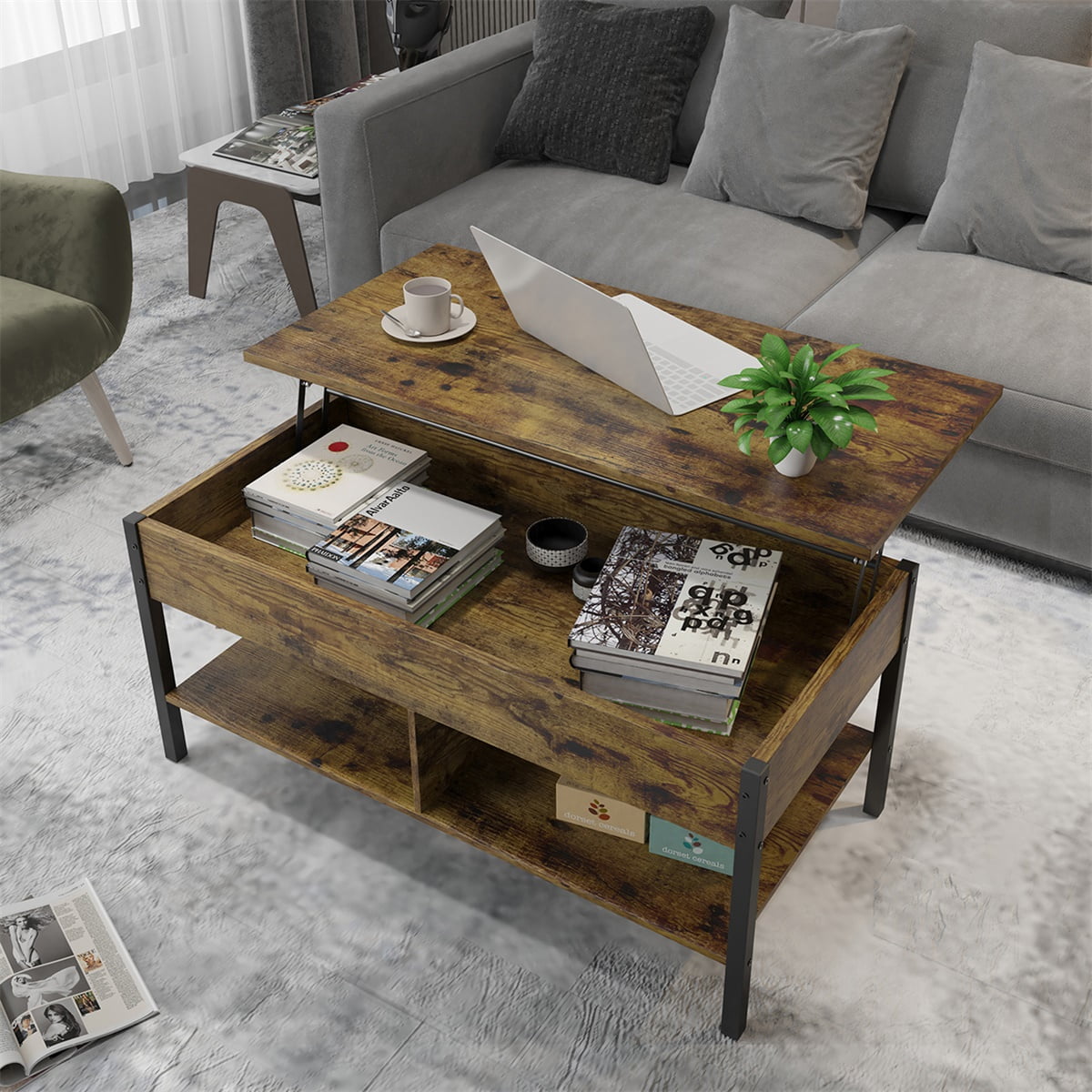 Kepooman Modern Wood Lift-Top Coffee Table with Compartment and Storage Shelf, Brown Kepooman Modern Wood Lift-Top Coffee Table with Compartment and Storage Shelf, Brown