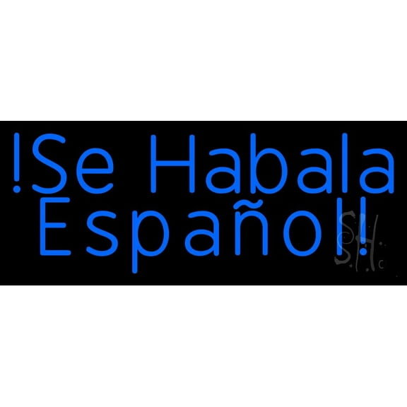 Blue Se Habla Espanol LED Neon Sign 13 x 32 - inches, Black Square Cut Acrylic Backing, with Dimmer - Bright and Premium built indoor LED Neon Sign for restaurant window and interior decor.