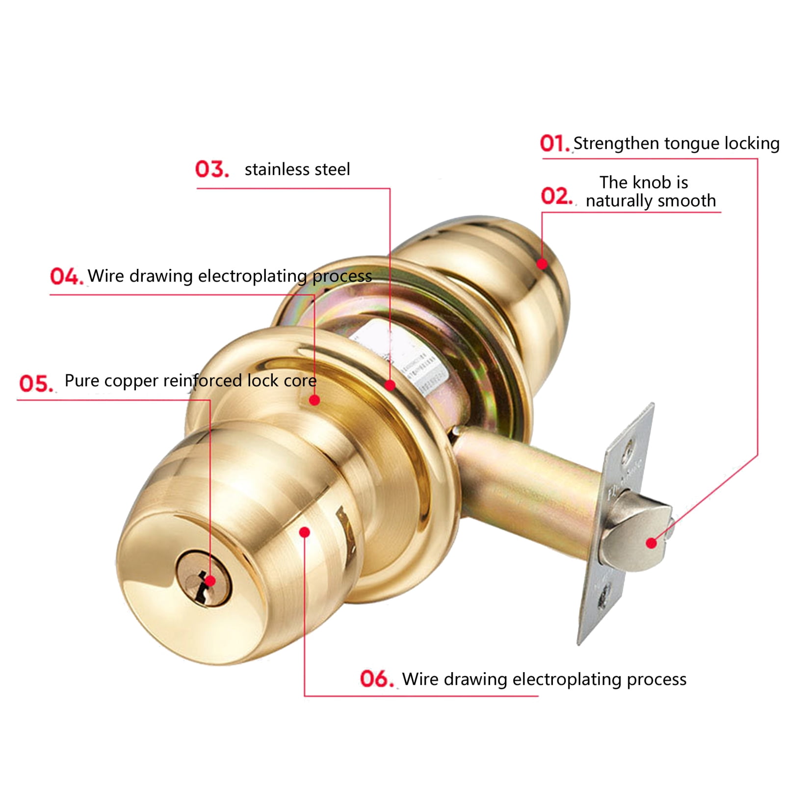 Polished Brass Door Knob Keyed Entry Reversible Round Lock Adjustable Latches Door Knob Suitable for Interior & Exterior