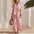thumbnail image 3 of Women Linen Sets 2 Piece Outfits Short Sleeve Asymmetrical Shirt Split Wide Leg Pants 2026 Summer Trendy Boho Pant Suits,Pink L, 3 of 8