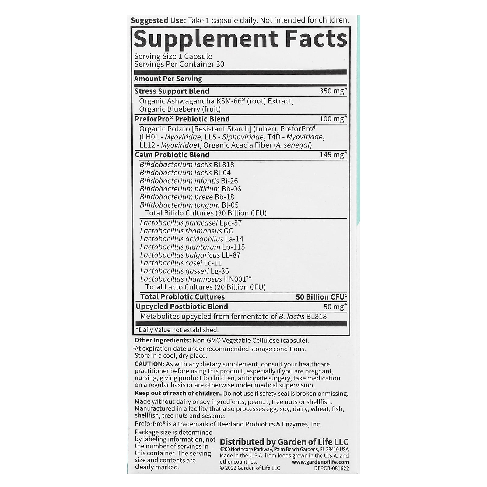 Garden of Life Dr Formulated Calm Daily 3-in-1 Complete Probiotics, Prebiotics & Postbiotics with Ashwagandha - PRE + PRO + POSTBIOTIC Supplement for Immune, Digestive & Mood Support - 30 Day Supply