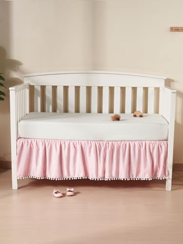 Baby Crib Skirt Girls Boys, Ruffled Bed Skirt with Pompoms, 28”x 52”, 14'' Drop, Pink
