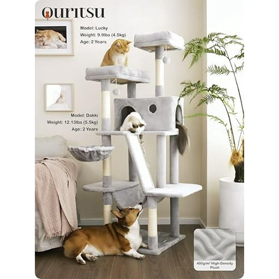 Ouritsu Cat Tree, 61 inch Tall Cat Tower for Large Cat Indoor, Enlarged Condo, 2 Padded Perches with 1 Widened, Large Hammock, Scratching Post and ramp, Fluffy Basket, Light Gray,