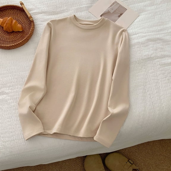 Ropa De Invierno Para Mujer Fashion Women Women's Fashion Solid Color Long Sleeve T-shirt Round-Neck Leisure Cultivation Tops,Beige,L